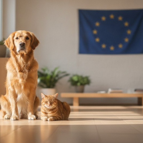 EUの犬猫福祉規則のイメージ：EU旗の前に座る犬と猫