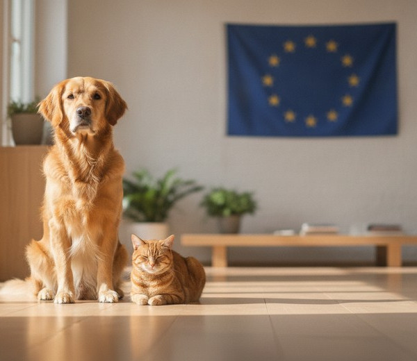EUの犬猫福祉規則のイメージ：EU旗の前に座る犬と猫