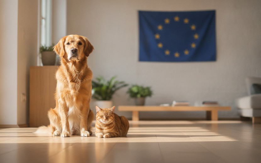 EUの犬猫福祉規則のイメージ：EU旗の前に座る犬と猫