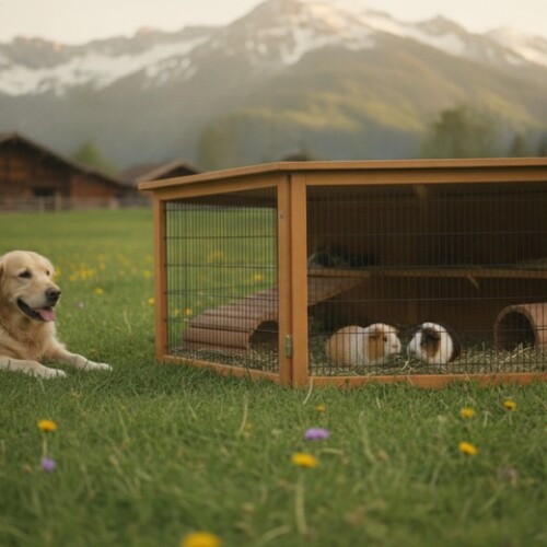 スイスの牧草地で、木製の囲いの中のモルモット2匹と、そばでくつろぐ犬