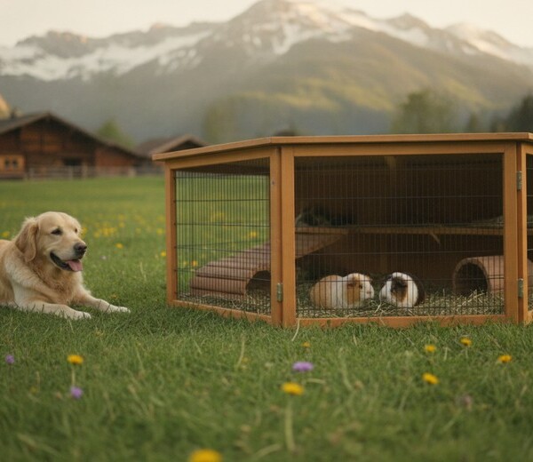 スイスの牧草地で、木製の囲いの中のモルモット2匹と、そばでくつろぐ犬