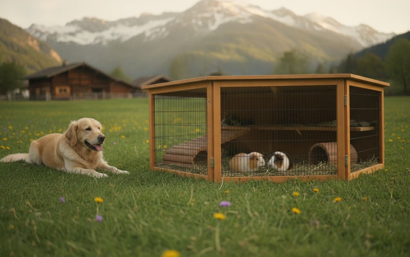 スイスの牧草地で、木製の囲いの中のモルモット2匹と、そばでくつろぐ犬